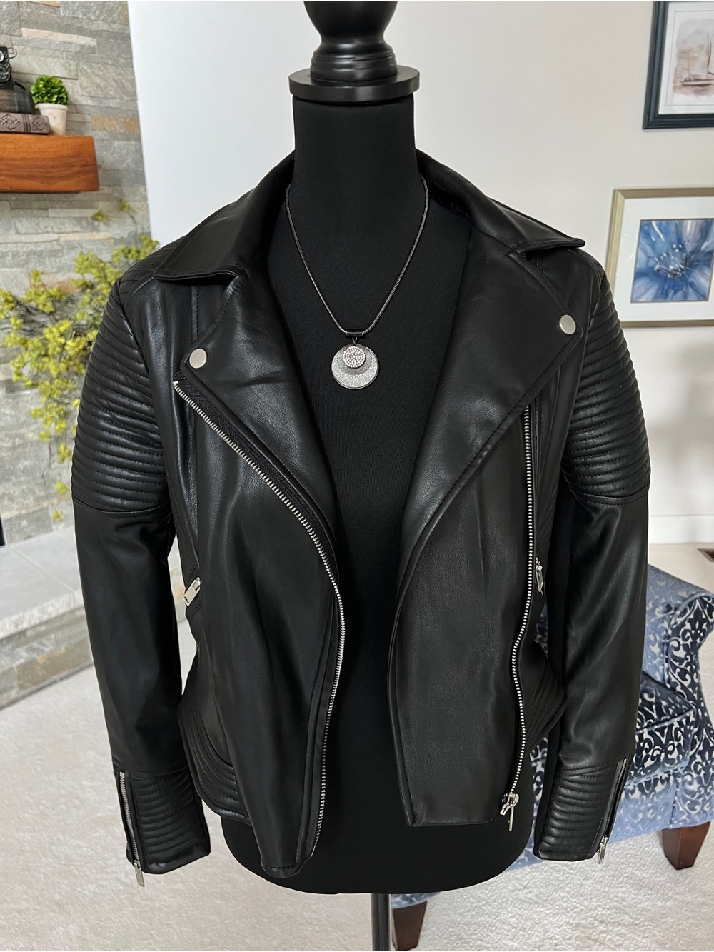Bar III Black Faux Leather Moto Jacket with Silver Zippers - Picture 11 of 13